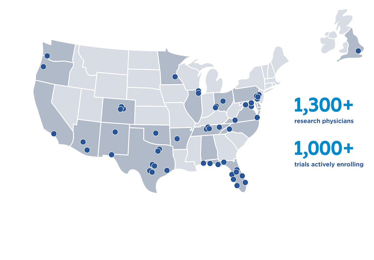 Map of the U.S. with blue dots showing locations of research physicians and trials.