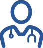 Blue icon of a person wearing a stethoscope.