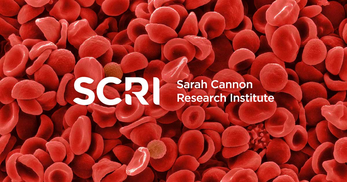 Close-up of red blood cells with Sarah Cannon Research Institute logo overlaid.