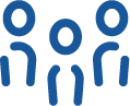 Three simple blue icons of human figures standing next to each other.