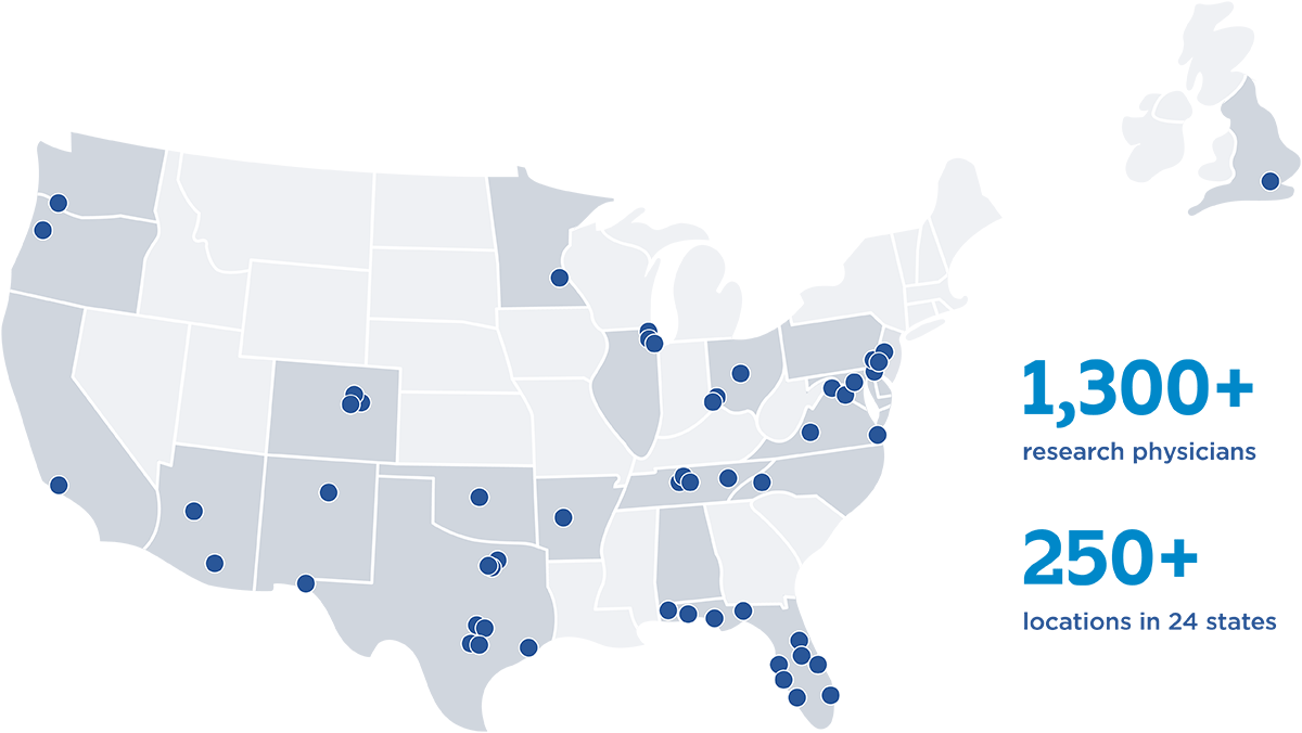 Map of the U.S. with blue dots showing locations of research physicians and trials.