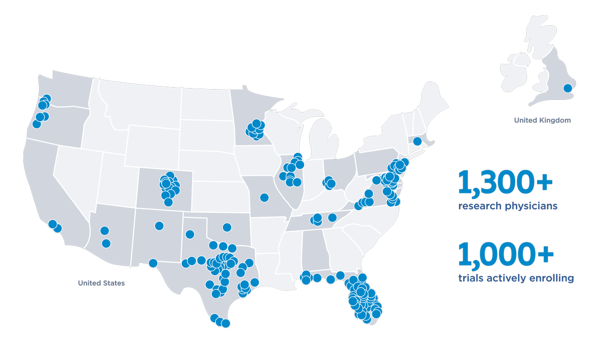 Map of the U.S. with blue dots showing locations of research physicians and trials.